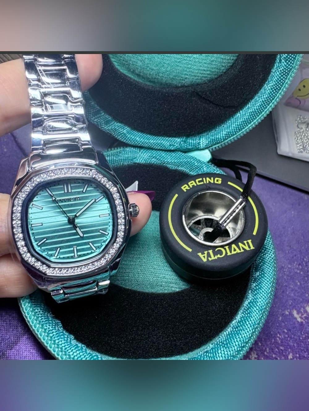 INVICTA Silver 31mm Watch w/ Teal Dial and Crystal Bezel case & Keychain set